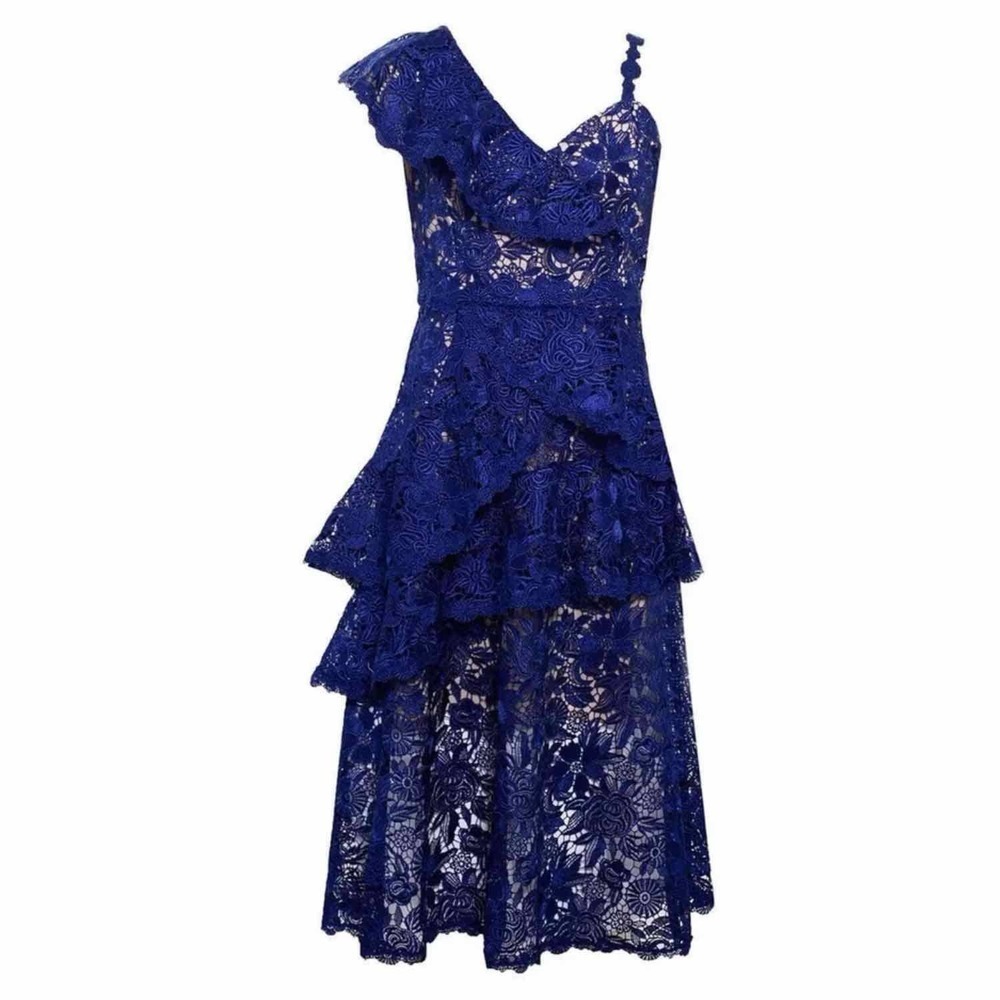 Alice + Olivia Florrie Ruffle Lace Midi Dress Blue Guipure Size 10